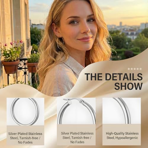 4 Pairs Silver Gold Hoop Earrings for Women,30/40/50/60 mm Stainless Steel 14K Silver Gold Plated Loop Earrings for Women Hypoallergenic Fashionable Lightweight Big Women Earrings Loop Earrings Set - color: Silver-30/40/50/60mm