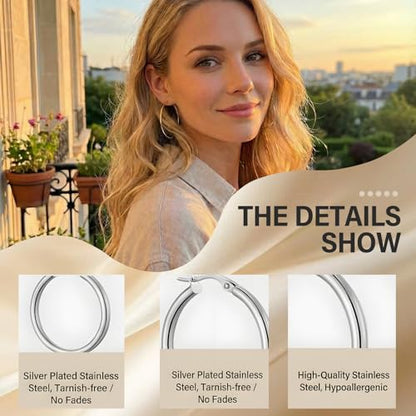 4 Pairs Silver Gold Hoop Earrings for Women,30/40/50/60 mm Stainless Steel 14K Silver Gold Plated Loop Earrings for Women Hypoallergenic Fashionable Lightweight Big Women Earrings Loop Earrings Set - color: Silver-30/40/50/60mm