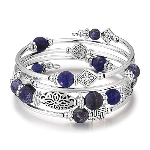 BULINLIN Layered Wrap Bangle Turquoise Bracelet - Bead Bracelet with Natural Agate Stone, Gifts For Women - color: 04-Navy blue
