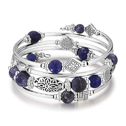 BULINLIN Layered Wrap Bangle Turquoise Bracelet - Bead Bracelet with Natural Agate Stone, Gifts For Women - color: 04-Navy blue