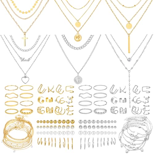 NEWITIN 100 Pcs Gold Silver Jewelry Set for Women Fashion Costume Jewelry | Bohemian Jewelry, Cubic Zirconia, Gold Plated Necklace Bracelet Ring Ear Cuff Earrings Set for Women Party Daily, Women Gifts - color: Gold Silver