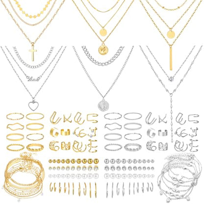 NEWITIN 100 Pcs Gold Silver Jewelry Set for Women Fashion Costume Jewelry | Bohemian Jewelry, Cubic Zirconia, Gold Plated Necklace Bracelet Ring Ear Cuff Earrings Set for Women Party Daily, Women Gifts - color: Gold Silver