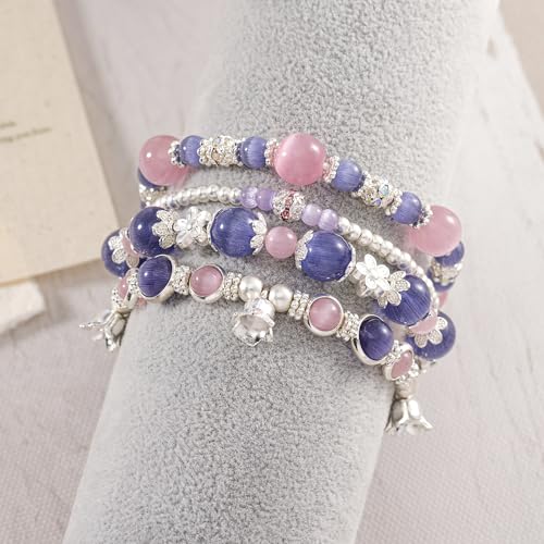 Besydec Stackable Boho Beaded Bracelets With Natural Stone & Pearl Heart & Clay Beads for Women,Adjustable Silver Jewelry - color: Purple Pink