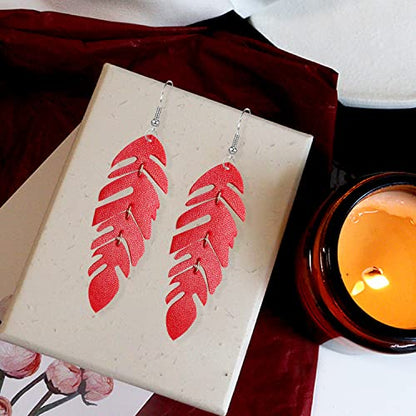 Handmade Unique Lightweight Bohemian Genuine Leather Leaf Dangle Drop Earrings Dainty Sparkly Chain Feather Hook Earring for Women Statement - color: Red