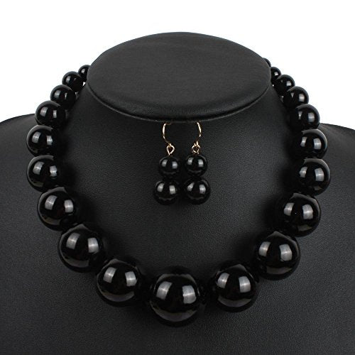 Large Style Big Imitate Pearl Strand Choker Necklace With Earrings Set - color: Black