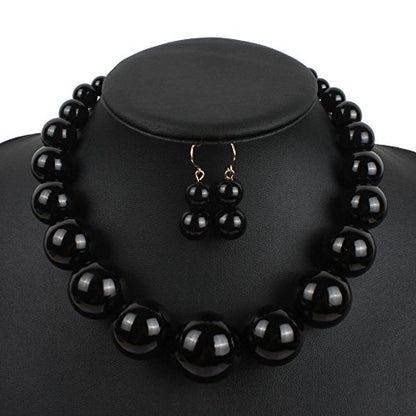 Large Style Big Imitate Pearl Strand Choker Necklace With Earrings Set - color: Black