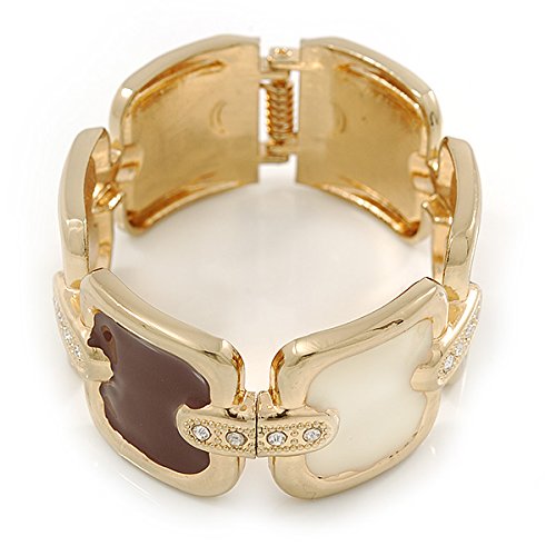 Avalaya Cream/Brown Enamel Square, Crystal Hinged Bangle Bracelet In Gold Tone - 19cm L