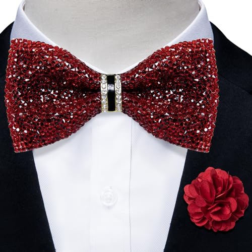 DiBanGu Mens Rhinestone Bow Tie with Ring and Lapel Pin Set | Adjustable Strap,Pre-tied Style,3PCS,Sequin Diamond Bowties，Solid/Mix Color,Shiny Accessory,for Party Prom Banquet Wedding - color: Red