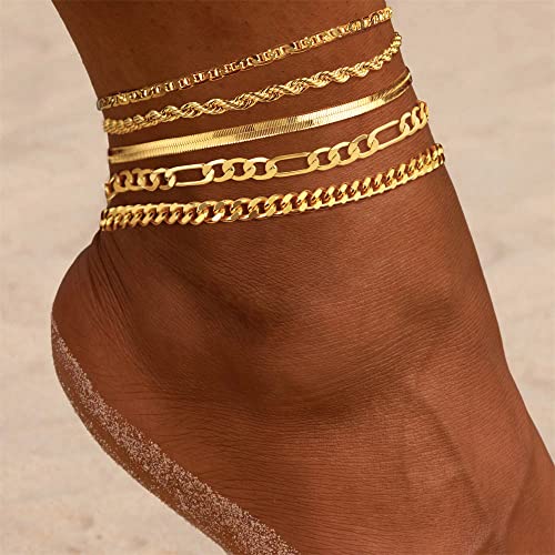 Dainty Ankle Bracelets for Women Waterproof | Layered Gold Plated Tennis Cuban Snake Rope Paperclip Beaded Link Chains Set, Summer Beach Jewelry Gift - color: Gold Anklet F