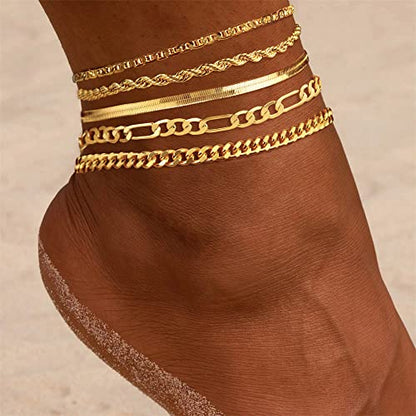 Dainty Ankle Bracelets for Women Waterproof | Layered Gold Plated Tennis Cuban Snake Rope Paperclip Beaded Link Chains Set, Summer Beach Jewelry Gift - color: Gold Anklet F