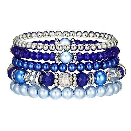 Noessla Beaded Pearl Stretch Bracelet Silver Stackable Crystal Beads Bracelets Trendy Costume Jewelry Mothers Day Gifts for Women - color: Sapphire