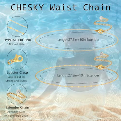 CHESKY 14K Gold Plated Silver Plated Waist Chain for Women, Layered Belly Belt Chains Beach Waist Beads Chain Waterproof Snake Cuban Body Chain Summer Jewelry Accessories for Women - style: thinchain-gd