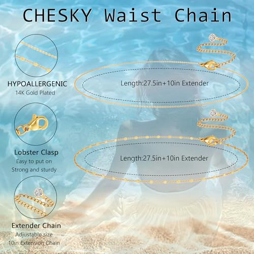 CHESKY 14K Gold Plated Waist Chain for Women, Layered Waist Beads | Silver Plated Gold Body Chains, Beach Summer, Waterproof Snake Belly Belt Chain, Festival Jewelry Accessories for Women - style: thinchain-gd
