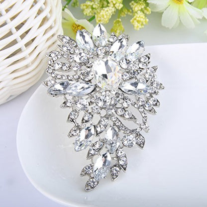 EVER FAITH Women's Austrian Crystal Wedding Flower Leaf Bouquet Brooch - color: Clear Silver-Plated-Base