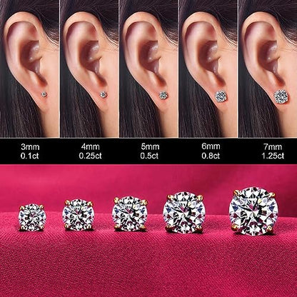 Kainier Women's 14K Gold Plated CZ Stud Earrings Hypoallergenic studs | 5 Pairs Simulated Diamond Round Cubic Zirconia Ear Stud Set for Multiple Piercing, 3/4/5/6/7mm Everyday Studs - color: Flatback-Gold