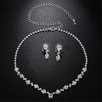 Silver Bridal Earrings and Necklace Set, Crystal Wedding Jewelry Set Gifts for Women