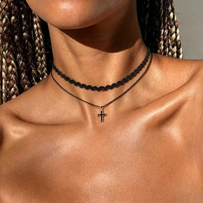 Black Necklaces for Women,Adjustable Layered Collar,Goth Jewelry - color: Double-Layer Cross