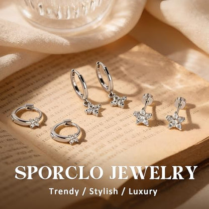 14K Gold Hoop Dangle Stud Earrings Surgical Steel Helix Piercing | Hypoallergenic,Cubic Zirconia,3 Pairs Huggie Hoop Set for Women,Dangle Stud,Cartilage Tragus Conch Earring,Jewelry Gift - color: K2-Silver Clover CZ