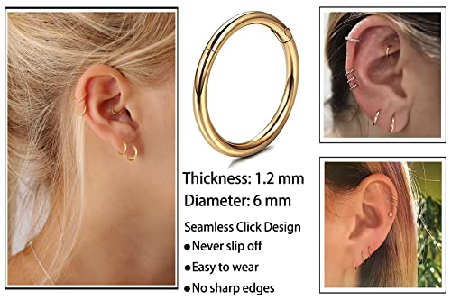 Unisex Dainty Tiny 18k Real Gold Plating Cartilage Huggie Hoop Earrings, 16G Surgical Steel Small Endless Hinged Hoops Earring for Earlobe Cartilage Helix Rook Daith Conch Nose Lip Body Piercing Jewelry - color: Gold 6mm