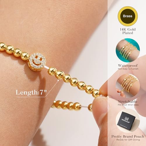 M MOOHAM Gold Beaded Charm Bracelets for Women Girls Non Tarnish | 14K Gold Plated, Dainty CZ Heart Smile Face Cross Charm Stretch Bead Bracelet for Women Teenage Teen Girls - color: Smile CZ