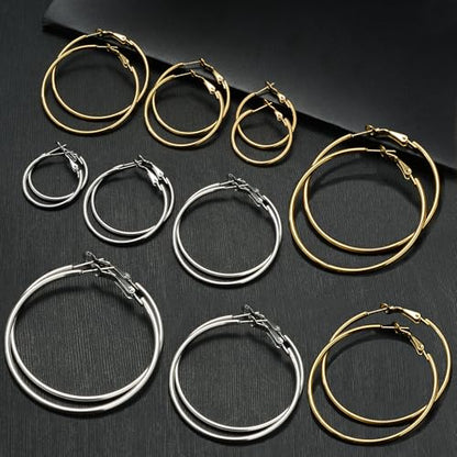 4/10 Pairs Stainless Steel Gold Silver Plated Hoop Earrings Hypoallergenic Dainty Big Small Hoops Earrings Set for Women - color: 10 Pairs Gold Silver Plated Hoops Earrings Set