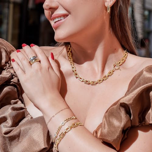 Chunky 14k Gold Cuban Bracelet 8 Inch Square Lock Toggle Clasp Women | Premium 14k gold plated chunky cuban link chain, square lock toggle clasp design, bold statement jewelry for daily women wear