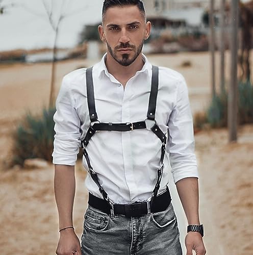 Mens Black Leather Armors Suspenders Shoulder Strap Body Chest Harness Chain Belt Adjustable Gay Punk Clubwear Costume - color: Black1