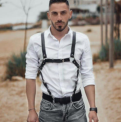 Mens Black Leather Armors Suspenders Shoulder Strap Body Chest Harness Chain Belt Adjustable Gay Punk Clubwear Costume - color: Black1