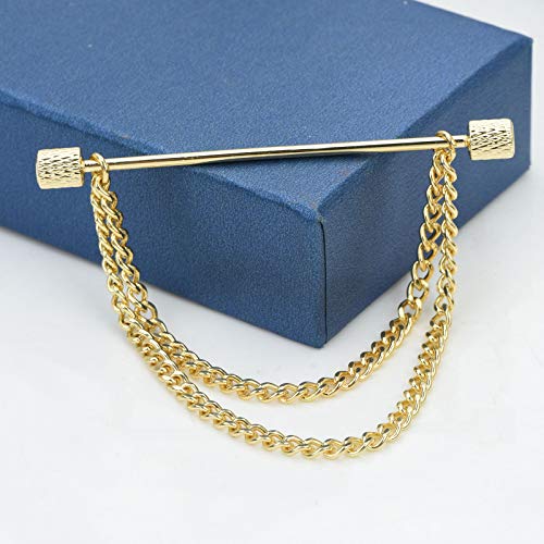 Men's Gold Plated Brass Collar Bar with Double Hanging Chain Tassel Shirt Tie Bar Collar Brooch - color: Gold Texture Cylinder Head