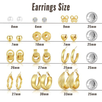 12 Pairs Gold Hoop Earrings, Gold Plated Big Classics Hypoallergenic Stack, Thick Open Twisted Huggie Hoops Earring Set Lightweight