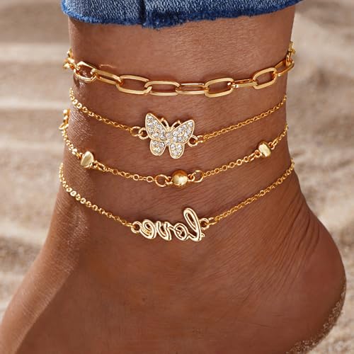 Fesciory 14K Gold Plated Ankle Bracelets Sets For Women, Adjustable Layered Infinite Anklet, Summer Beach Butterfly Star Foot Chain Jewelry Gifts - style: Love(Gold)