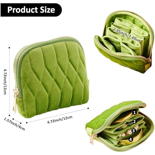 shunmei Small Jewelry Travel Case, Diamond Quilted Velvet, Olive Green | 4.72"x4.72" bag with zipper, 5-layer velvet organizer pouch, for bangle, bracelet, earring, necklace, ring, for women girls - color: Olive Green