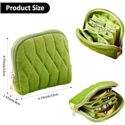 shunmei Small Jewelry Travel Case, Diamond Quilted Velvet, Olive Green | 4.72"x4.72" bag with zipper, 5-layer velvet organizer pouch, for bangle, bracelet, earring, necklace, ring, for women girls - color: Olive Green