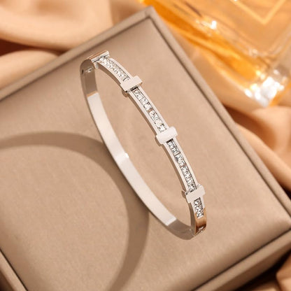 Rhinestone Open Bracelet - Double Layer Zircon Cuff Jewelry with Geometric Design | Titanium Steel Electroplated Wrist Accessory | Minimalist Bangle Bracelet for Daily Fashion Wear