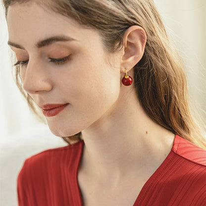 HUGE TOMATO Elegant 925 Sterling Silver Pearl Drop Earrings for Women, 14K Gold Plated Dangle Stud Earrings, Hypoallergenic Large Pearl Hoop Earring dangling 12mm - color: Red