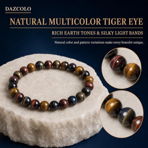8mm Natural Crystal Stretch Bracelet | Handmade Round Stone Bead Bracelet, Runs Large, Meditation Yoga Gift for Women & Men - color: Multicolor Tiger Eye