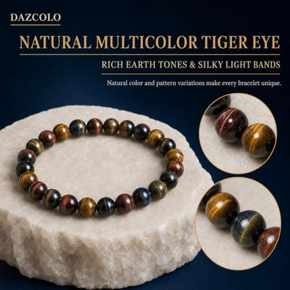 8mm Natural Crystal Stretch Bracelet | Handmade Round Stone Bead Bracelet, Runs Large, Meditation Yoga Gift for Women & Men - color: Multicolor Tiger Eye