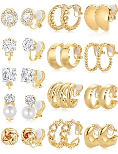 13 Pairs Clip on Earrings for Women Chunky Non Pierced Hoop Earrings CZ Pearl Knot Croissant Tube Twist Stud Hoop Clip on Earring Set Fake Earrings Clips Jewelry 14K Gold Silver Plated - color: Gold