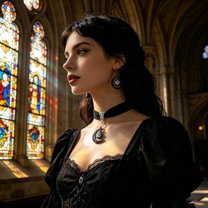 ONLYJUMP Gothic Witch Moon Earrings Necklace Set for Women Goth Black Velvet Moon Choker Necklace Moon Zirconia Dangle Drop Earrings Dark Halloween Witch Vampire Jewelry - color: colorful