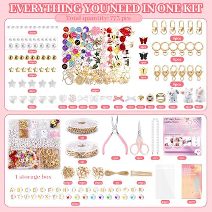 Wurosi 773 Pcs Lip Gloss Keychain Making Kit with Storage Box | Including Chains,Charms,Letters,Hooks,Manual,Gift Bgas, Jump Rings & Tools, Perfect DIY Jewelry Crafts & Gift for Adults - color: 773 Pcs Gold Keychain Kit
