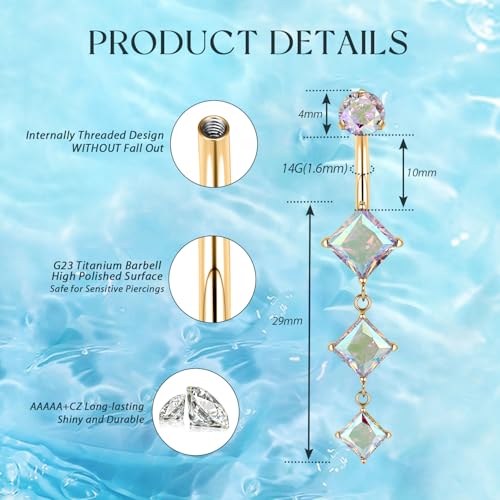 GAGABODY G23 Titanium Dangly Belly Button Ring Long Belly Rings Belly Piercing Jewelry 14G 3/8 inch 10mm Navel Barbell CZ Navel Piercing Ring - color: Style1:Gold+Dangle Square Shape Clear ABCZ