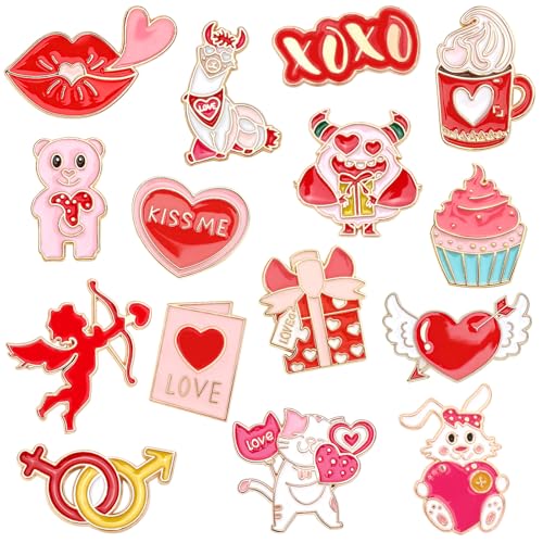 15 Pcs Valentine's Pins, Valentine's Day Lapel Pins Love Heart Enamel Backpack Brooch Badge Pin for Clothes Bags Hats Accessories Party Favors Gifts - style: Valentine's Pin