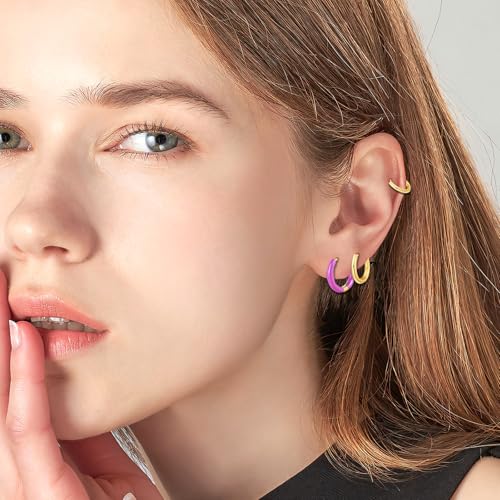 12 Pairs Stud & Hoop Earrings Set for Women 2-5mm Colorful Ball & Cubic Zirconia Stud earrings 8/10/12mm Hoop Earrings Hypoallergenic Stainless Steel Jewelry Gift Collection - color: purple