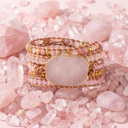 YGLINE Boho Handmade Natural Stone Wrap Bracelets Jasper Crystal Beads Bracelet Jewelry - color: pink crystal