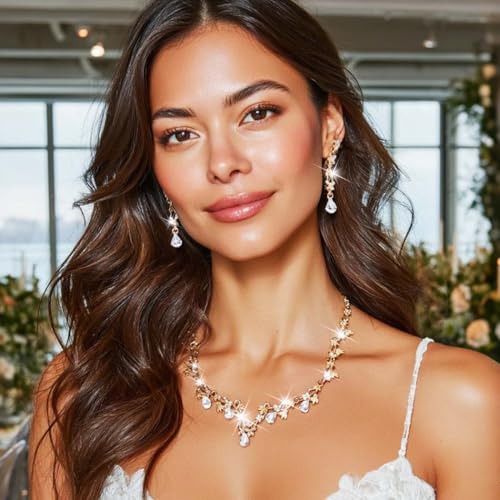 Gold Rhinestone Jewelry Set Bridal Wedding Necklace Earrings Sets Prom Formal Costume Jewelry for Women and Brides - color: Gold