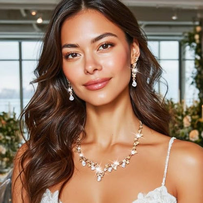 Gold Rhinestone Jewelry Set Bridal Wedding Necklace Earrings Sets Prom Formal Costume Jewelry for Women and Brides - color: Gold