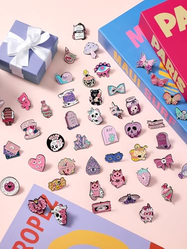 Yinkin 50 Pcs Spooky Enamel Pins Bulk Punk Goth Witchy Cute Skull Cat Butterfly Brooch Pink and Purple Decorative Lapel Pins for Backpack Clothes, Bags, Hats