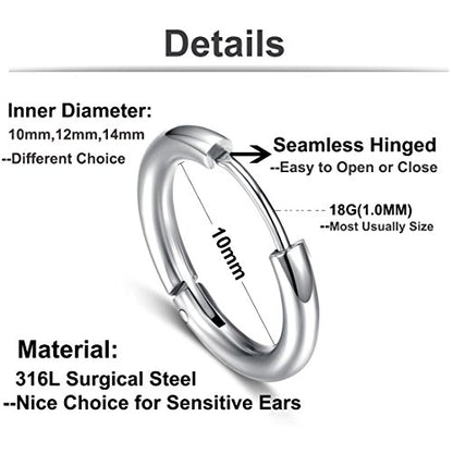 Hypoallergenic Titanium Steel Loop Earrings Set for Men Women Huggie Hoop Cartilage Piercing 18G - color: A:Mixed 4Pairs