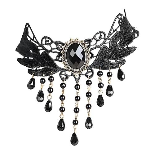 Vintage Lace Skull Choker Necklace for Women Punk Gothic Black Sexy Lace Necklaces Tassel Collar Vampire Statement Choker Necklace Halloween Classic Choker Gifts - color: Black Oval