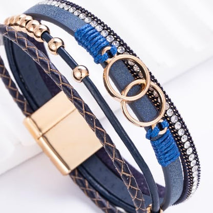 Chunky Boho Leather Wrap Bracelets Cowgirl Beaded Circle Western Jewelry | Stackable Infinity Layered Bohemian Magnetic Clasp Cuff Statement Fashion Colorful Country Hippie Outfits for Women Trendy - color: Navy Blue